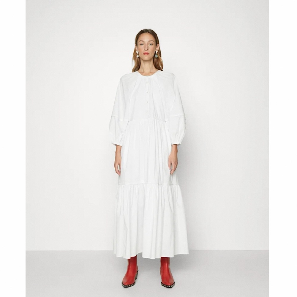 STAUD | White Ruffled Tiered Maxi Demi Dress with Ruffle Sleeves NWT Small - Picture 2 of 6